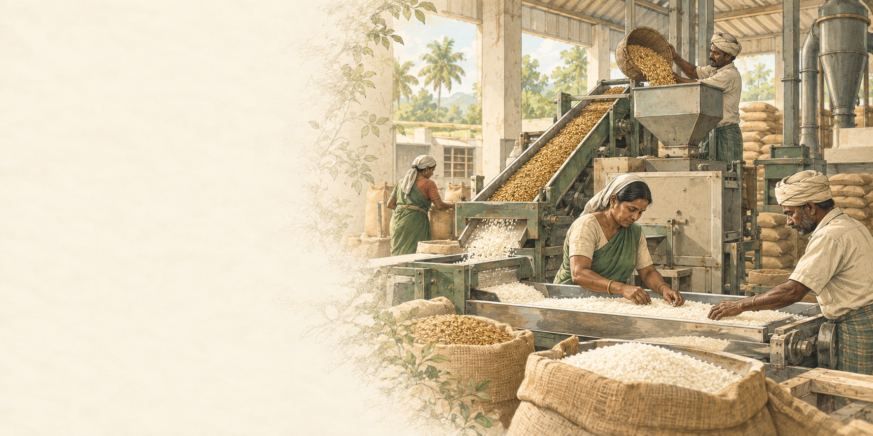 Illustration of workers cleaning and processing rice at a facility