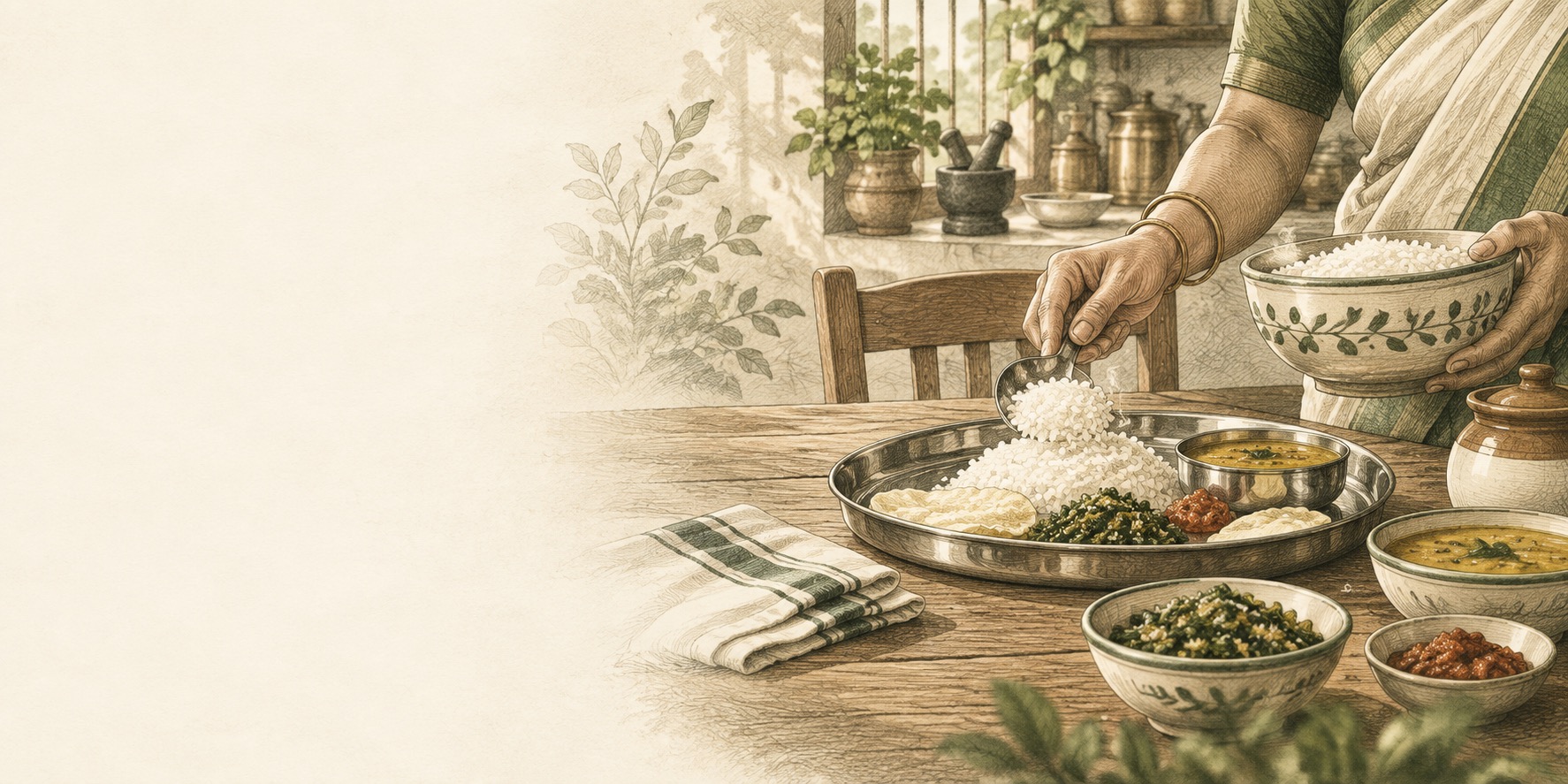 Illustration of rice being served with a meal at home