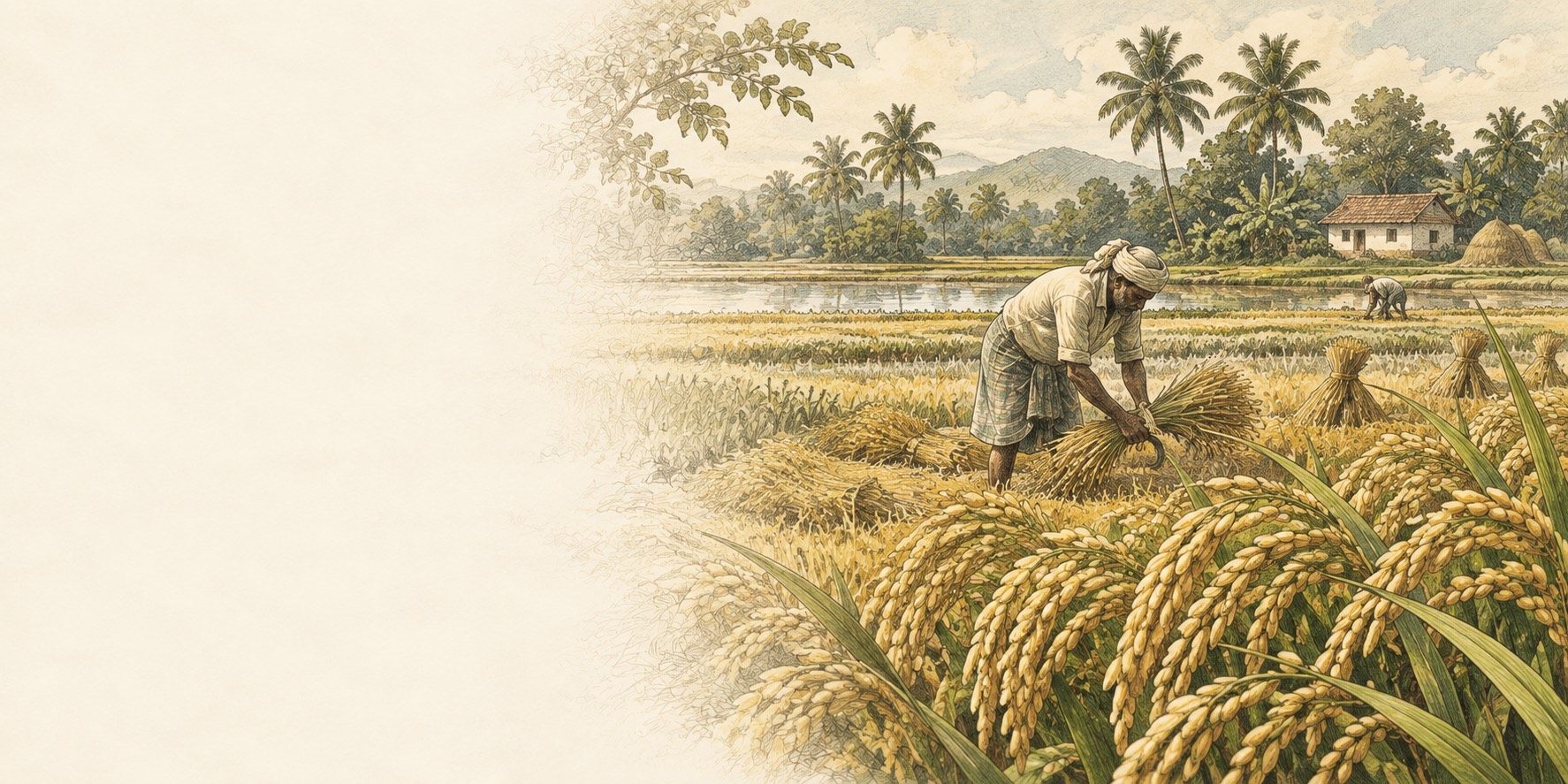 Illustration of farmers harvesting rice in a field
