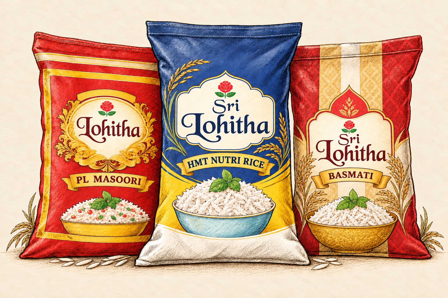 Illustration of three Sri Lohitha branded rice packs